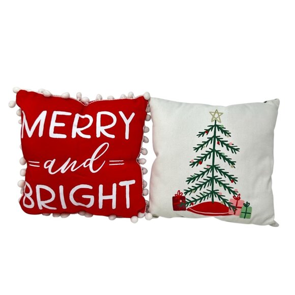 Christmas Throw Pillows Set of 2 Merry Bright Tree 14x14 Holiday Decor Pom Poms - Picture 1 of 11
